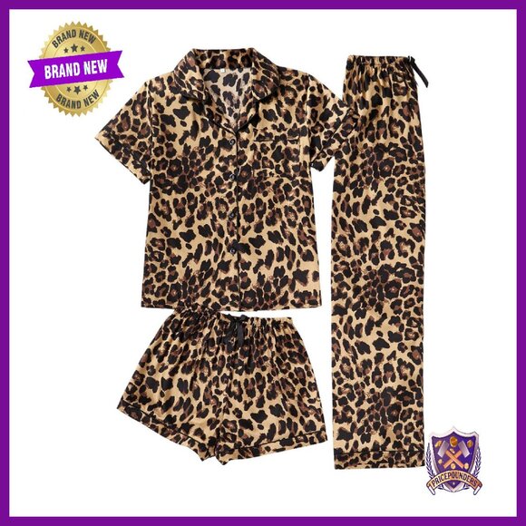 Leopard Print Pajama Set Short Sleeve Button Down Lounge Wear